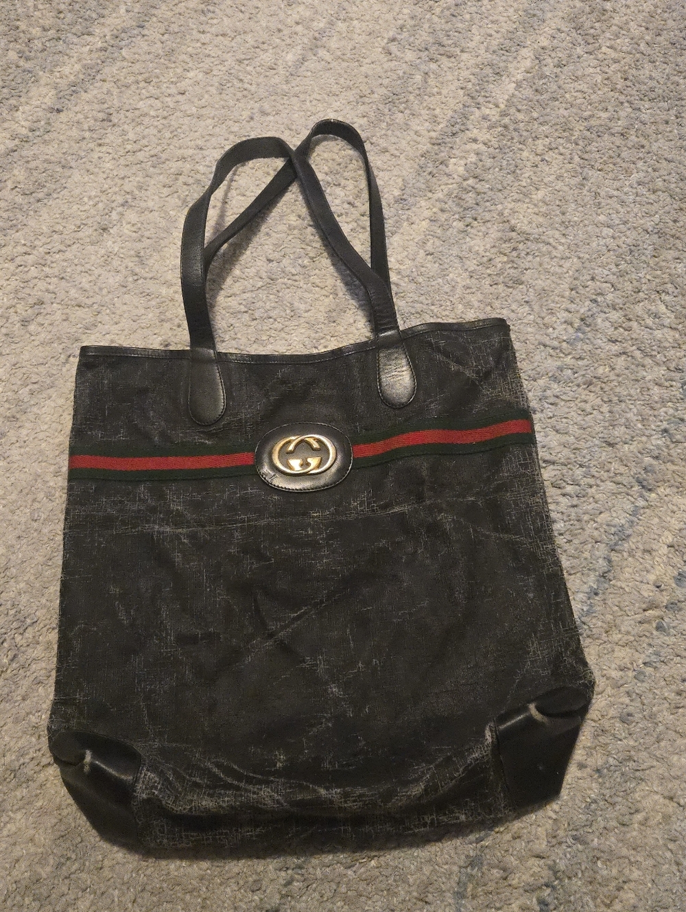 Vintage GUCCI Accessory Collection Sherry Line Web Tote Bag Black Canvas Distres